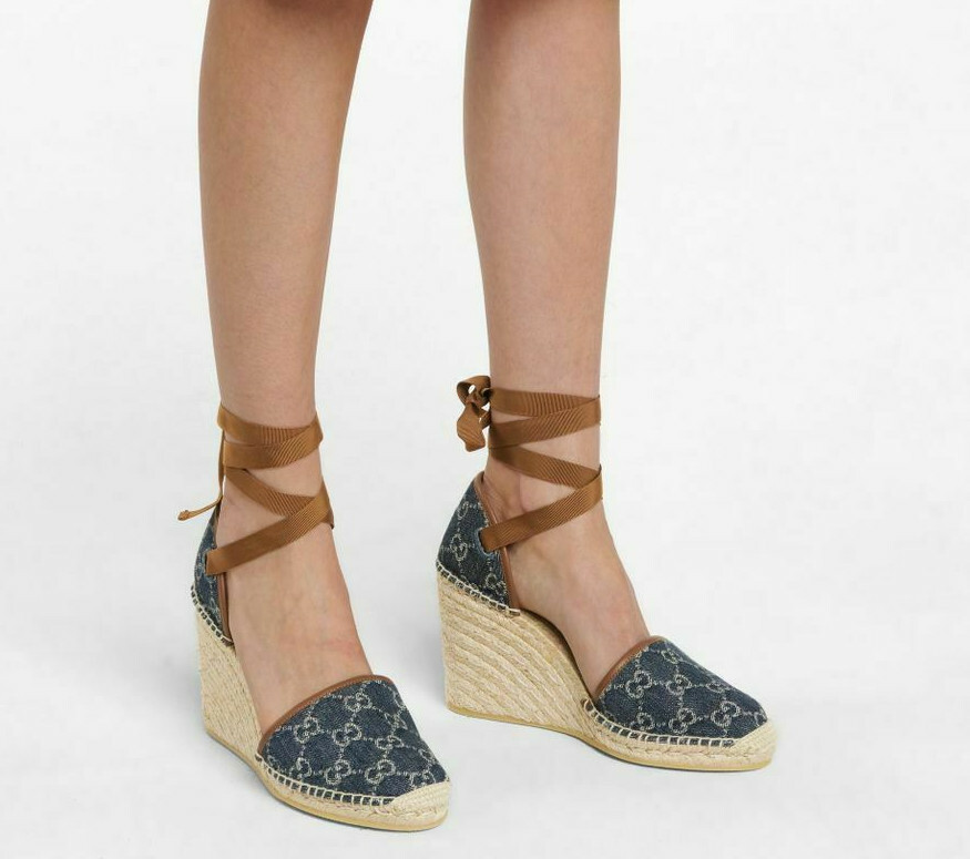 NIB GUCCI Women's Pilar Double G Denim Pilar Espadrille Wedge Sandal size  5.5 | eBay