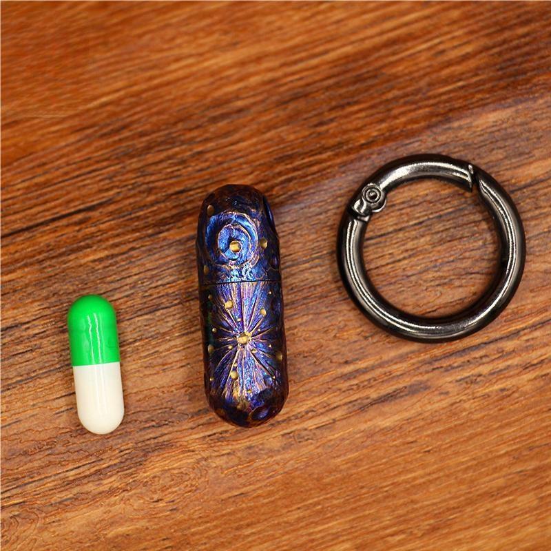 Pure Titanium Waterproof Keychain Pill Holder Case Container Hand-Carved EDC Toy