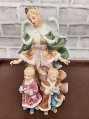 7'' - Rare Vintage Ceramic Guardian Angel With 2 Children - Colorful - See Photos