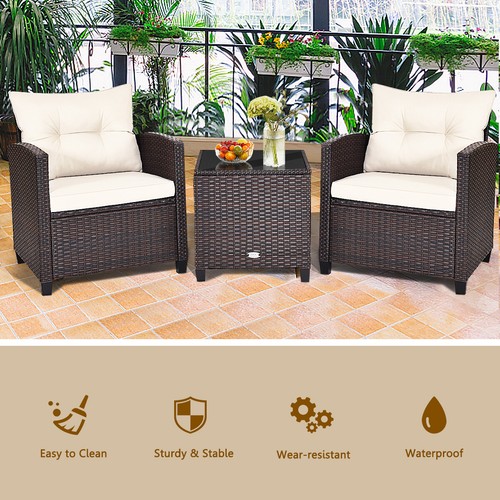 3PCS Patio Rattan Furniture Set Cushioned Sofa Coffee Table Garden off White - Picture 7 of 10