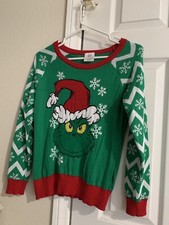 NEW The Grinch Christmas Sweater Women's Medium Green Santa Hat Dr Seuss