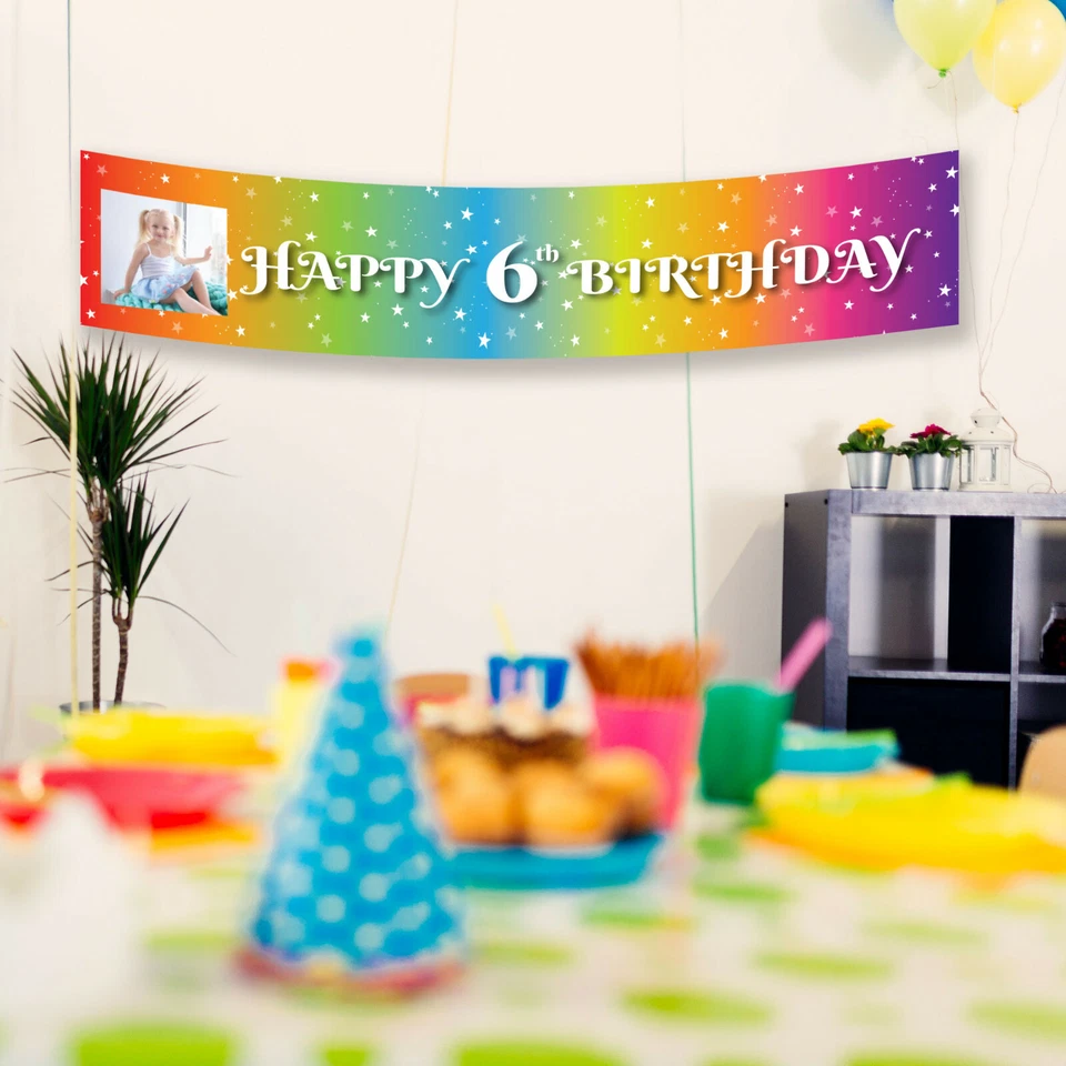 Foto única Arco Iris Feliz Cumpleaños Fiesta Banner PERSONALIZADO Añadir Foto Nombre Foto 4 de 4