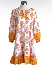 J Crew Block Print Mini Dress Size M Orange White Tie Waist Long Sleeve Floral