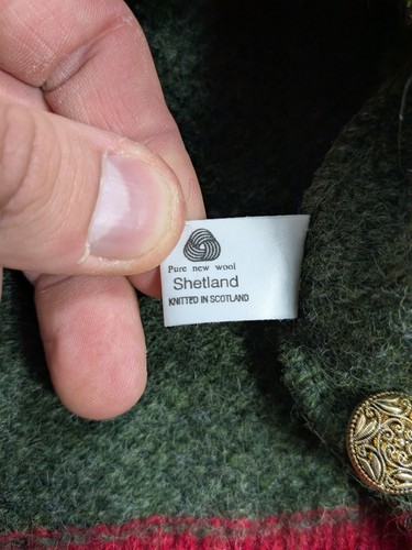 Vintage Equorian Hand Knit Cardigan 100% Shetland Wool Green Floral Womens Large - Picture 10 of 14