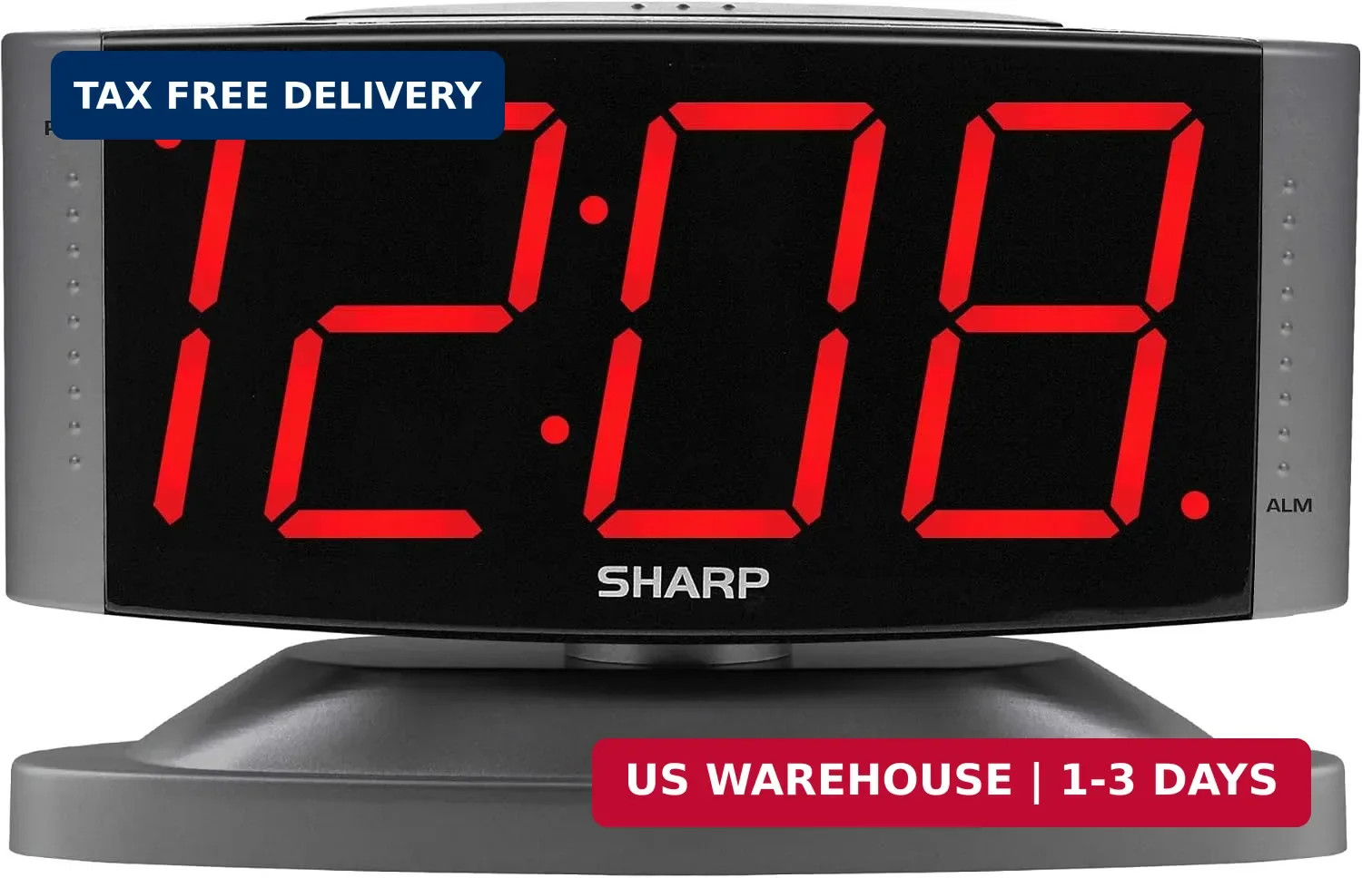 Sharp Outlet-Powered Alarm Clock with Swivel Base, Red LED, Gunmetal Grey