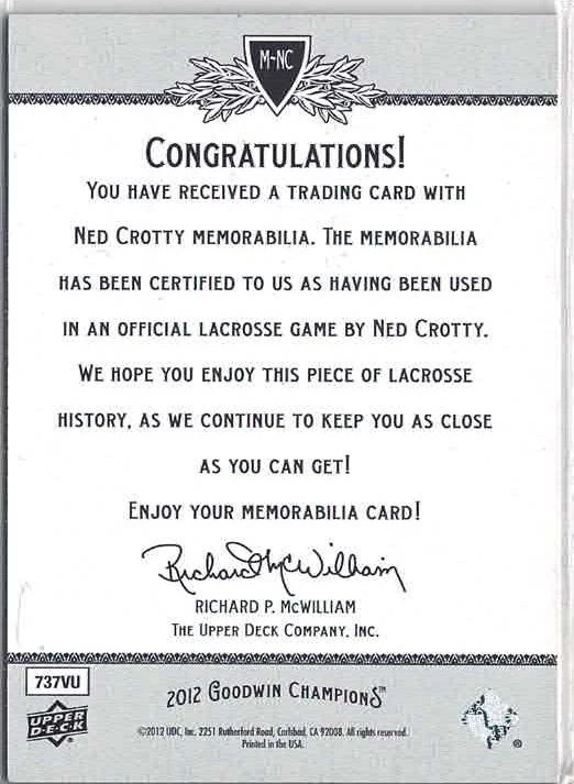 2012 Upper Deck Goodwin Champions Ned Crotty Authentic Memorabilia No. M-NC - Image 2 of 2