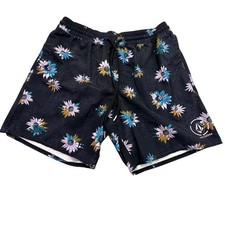 Volcom Swim Trunks Men's Medium Black Floral Elastic Waist Drawstring Pocket