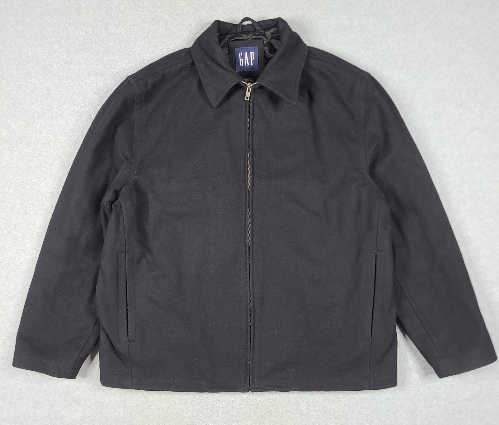 Vintage Gap Jacket Bomber Harrington Wool Black Mens Size L Quilt Lined Y2k