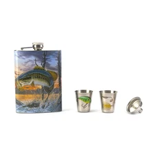 Rivers Edge Products 7 oz Hip Flask, Shot Glasses and Funnel Gift Set, Bass