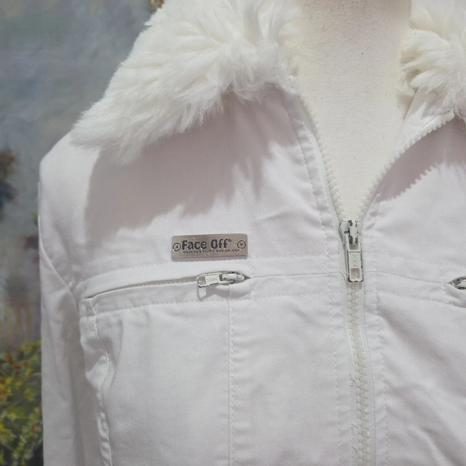 Face Off Y2K 90s vintage White Stretch jacket Size 10 Faux Fur Trim 90cm Bust - image 2 of 4
