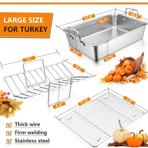 14 Inch Roasting Pan, Turkey Roaster with 2 Racks, Heavy Duty Stainless Steel... - Picture 2 of 7