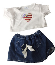 Build-A-Bear Workshop 4th of July Flag Heart Shirt  Denim Skirt Set w/ Hair Bow