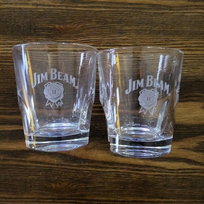 ETCHED (SET OF 2) JIM BEAM GLASS WHISKEY LOWBALL TUMBLERS