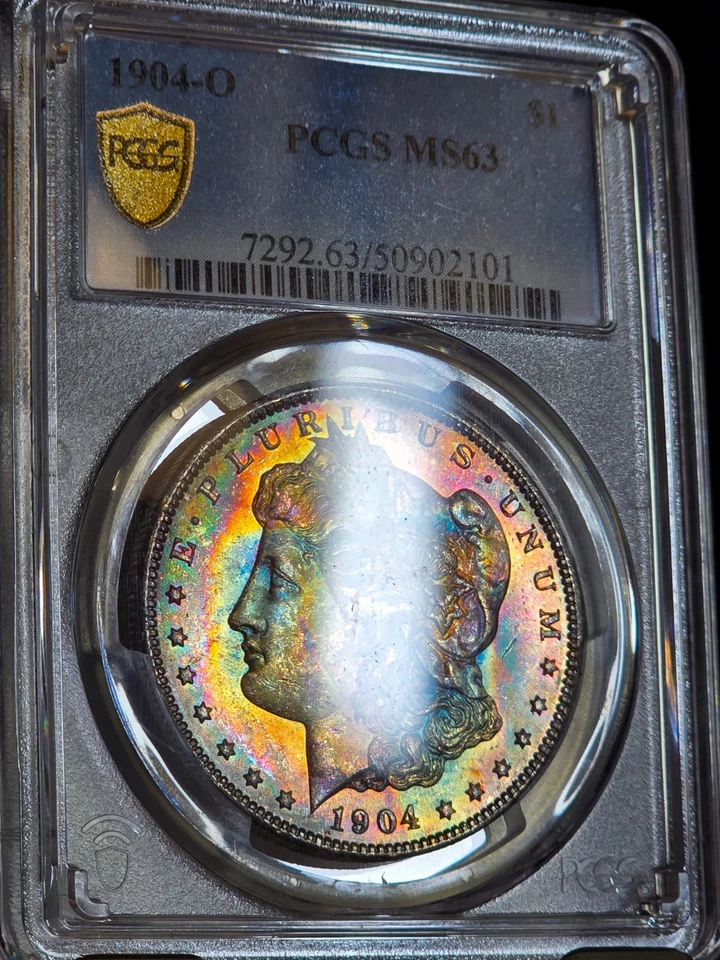 Dólar de plata Morgan 1904-O MS63 PCGS monstruo arco iris EOR extremo rollo moneda tonificada PQ Foto 4 de 4