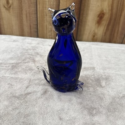 Vintage Art Glass Cobalt Blue W/  Gold Swirls Flecks 8.5  Cat Figurine.