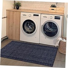 Boho Bathroom Rug, 2x4.2 Woven Bath Mat, Layered Front 2 x 4.2 ft Dark Blue