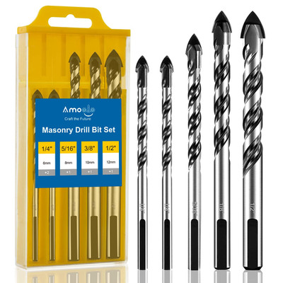 Masonry Drill Bit Set 5Pcs, Concrete Drill Bits with Carbide Tip (1/4 -1/2 )