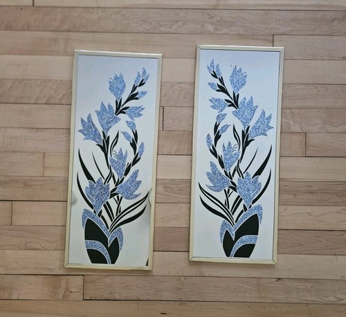 Vintage Post Modern 80s 90s Etched Black Blue Mirror Mirrored Floral Wall Art