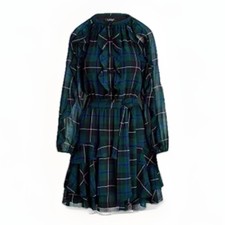 Lauren Ralph Lauren Women's Plaid Ruffled Georgette Dress Green Blue Size 10