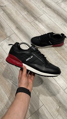 REPLAY Black Mesh Leather Sneakers Men's EU 44 Low Top Red Heel
