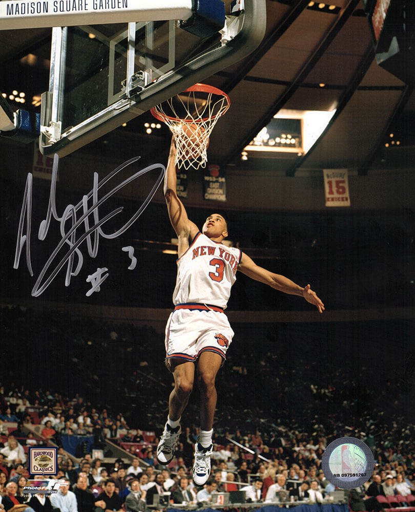 John Starks Signed New York Knicks White Jersey Lay Up 8x10 Photo (SCHWARTZ COA)