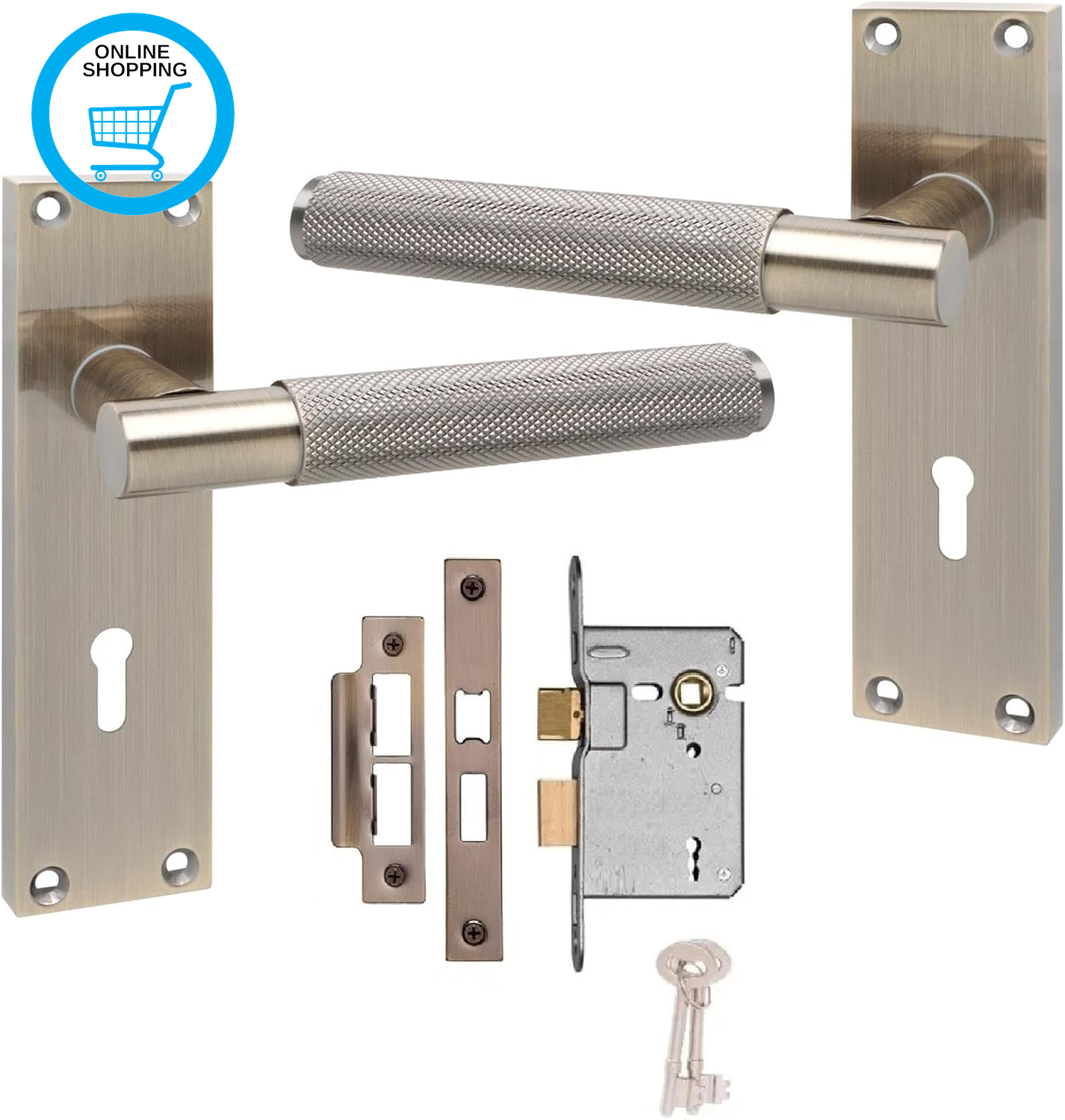 Victorian T-Bar Knurled Lock Handle with 2.5"" 3 Lever Lock Antique Brass Finish
