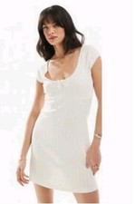 ASOS Design White Scoop Neck Pointelle Mini Dress With Bow Detail, Size 10