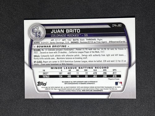 2023 Bowman Chrome 1st Juan Brito /250 Auto Purple Refractor #CPA-JBO Guardians - Picture 2 of 2