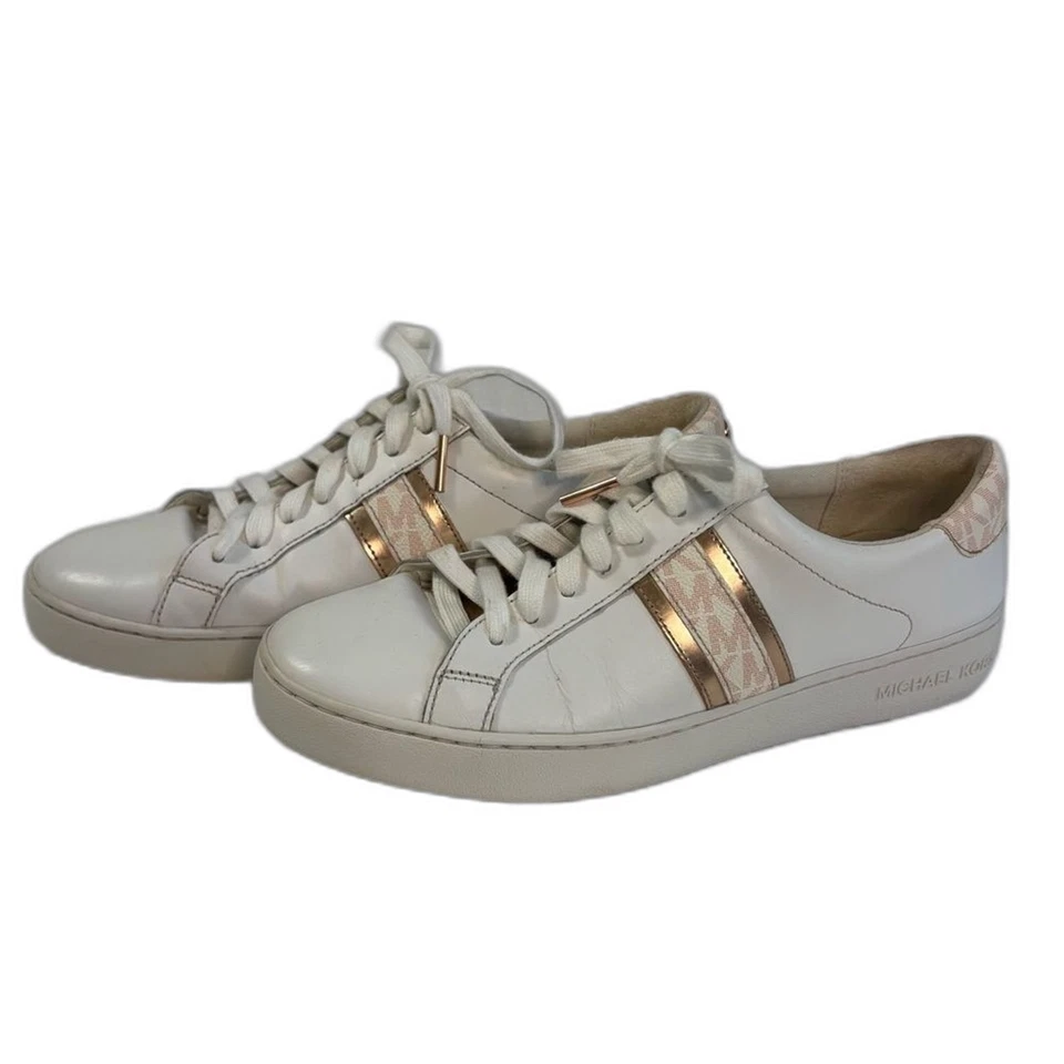 Michael Kors Irving Stripe Lace Up Logo Leather Sneakers White Pink Womens Sz 9 - Image 2 of 4