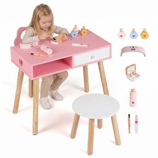 Kids Pretend Nail Salon Playset w/Chair Stool Wooden Toddlers Makeup Eye Shadow