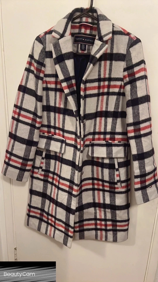 Hermoso Abrigo Tommy Hilfiger Talla 8 Negro Cuadros Midi Guisante Mujer Foto 2 de 4