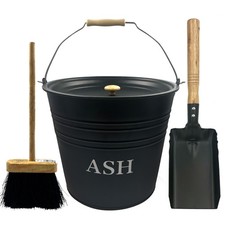 Metal Ash Bucket with Lid Coal Shovel Brush Set Fireplace Ash Pan Coal Bucket