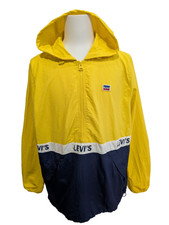 Blouson Levis Homme L Coupe-Vent Nylon Capuche Jaune Bleu Marine Veste Fine Neuf