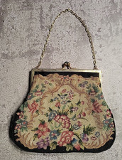 Vintage 1950s Handbag Black Floral Tapestry Petitpoint Flowers Bag Purse
