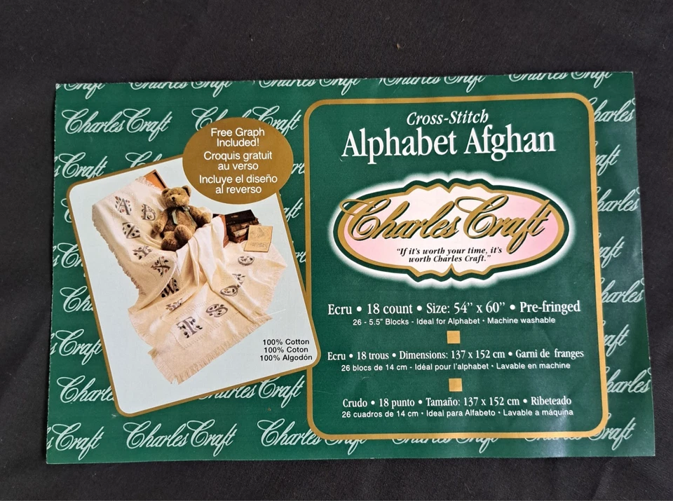 Charles Craft punto de cruz alfabeto afgano 54x60 crudo usado 18 unidades algodón Foto 3 de 4