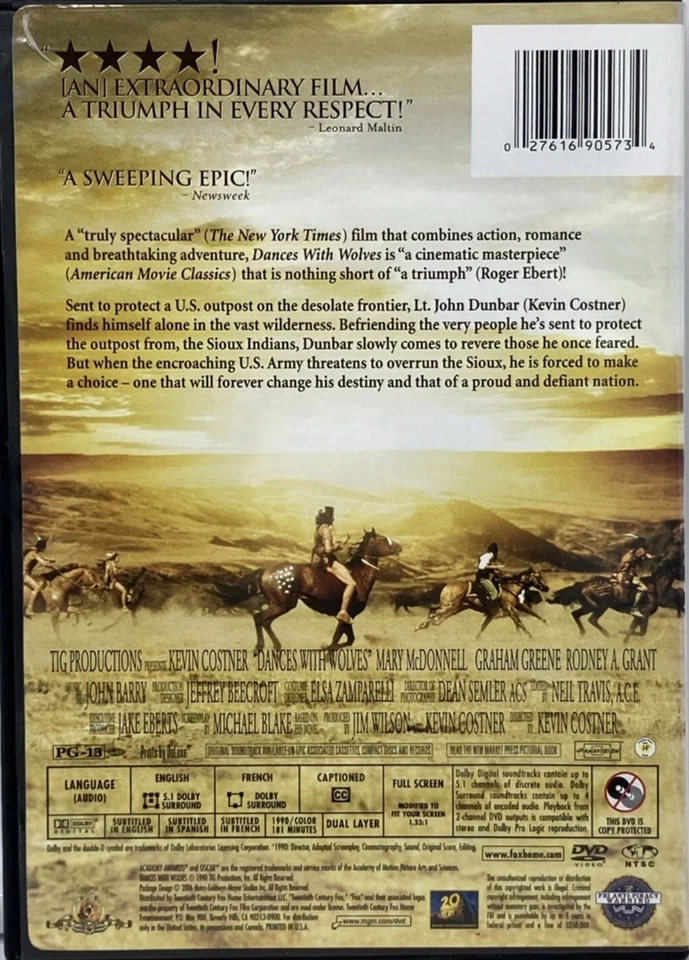 Dances with Wolves (DVD, 1990) Kevin Costner - Image 2 of 2