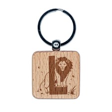 Animal Alphabet Letter L for Lion Engraved Wood Square Keychain Tag Charm