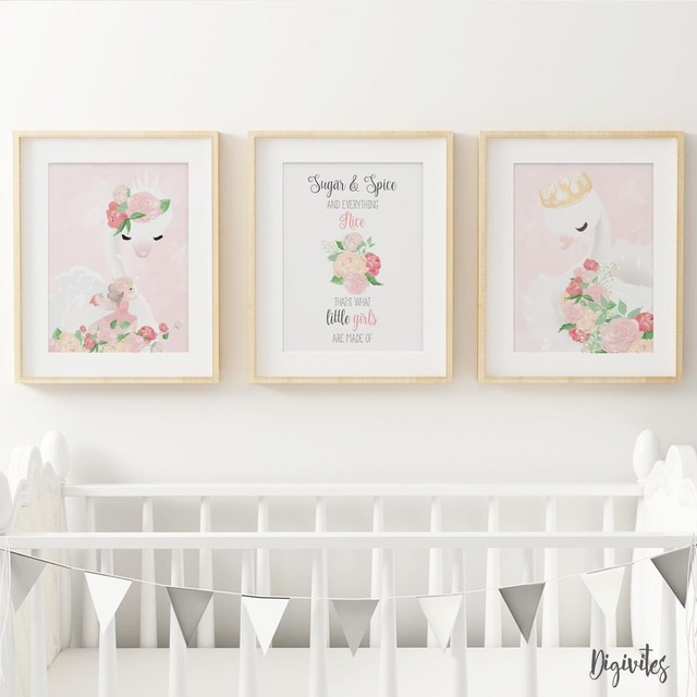 Girl Nursery Bedroom Wall Art Set of 3 Floral Swans Sugar & Spice Fairy Crown Girl Nursery Bedroom Wall Art Set of 3 Floral Swans Sugar & Spice Fairy Crown
