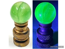 Brass Lamp Finial 5/8" Uranium Glass Ball Clear/Green Cat Eye Swirl Lot #7372