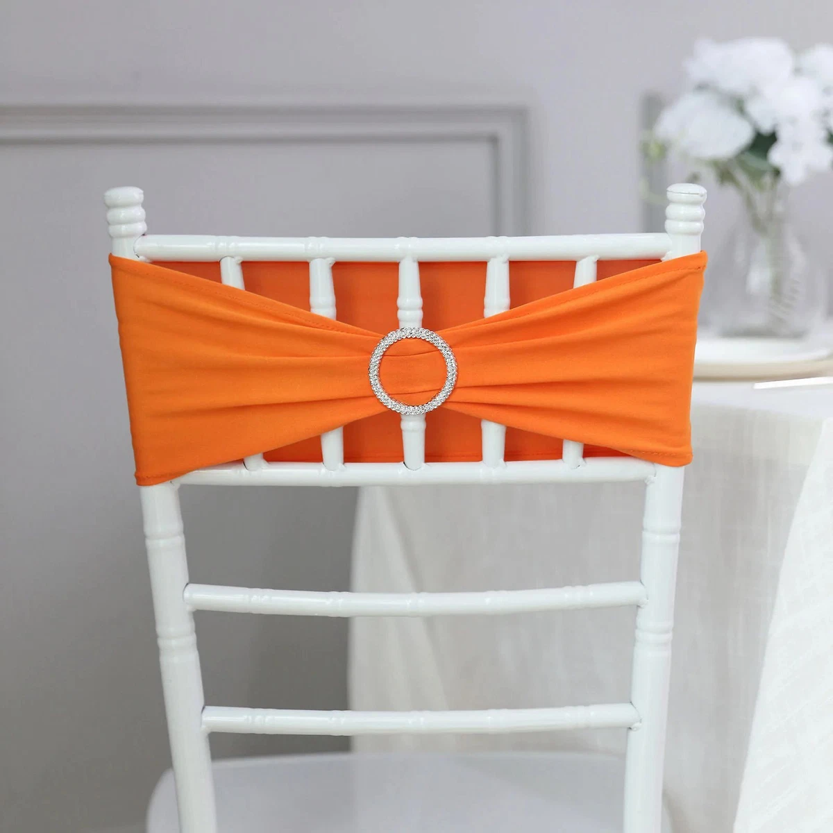 5 ORANGE Spandex CHAIR SASHES Silver Diamond Ring Buckle Party