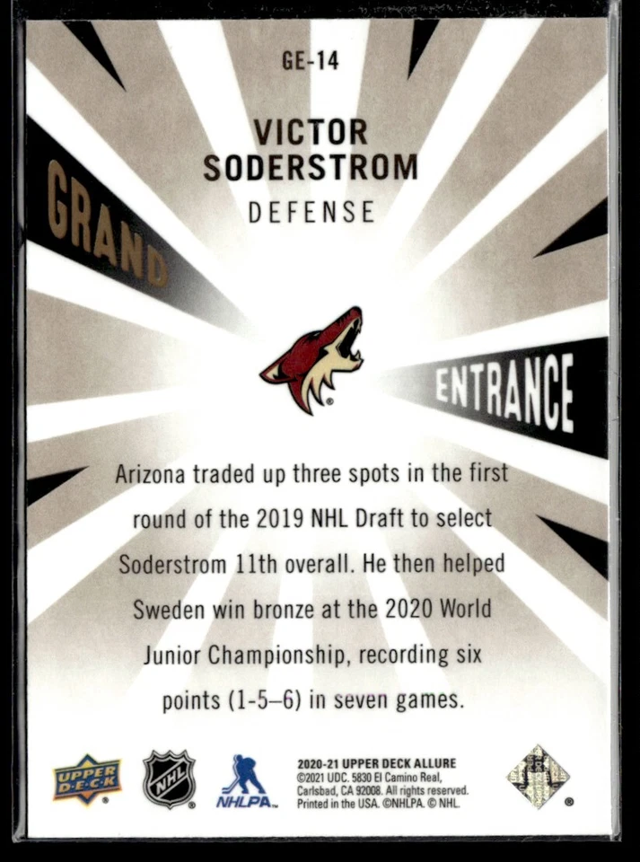 2020-21 Upper Deck Allure Grand Entrance Victor Soderstrom #GE-14 - Image 2 of 2