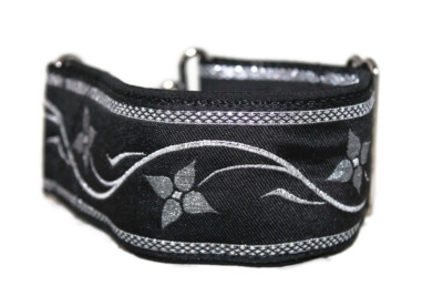 Windhundhalsband Zugstopp - Silver Flower Black - 5cm breit