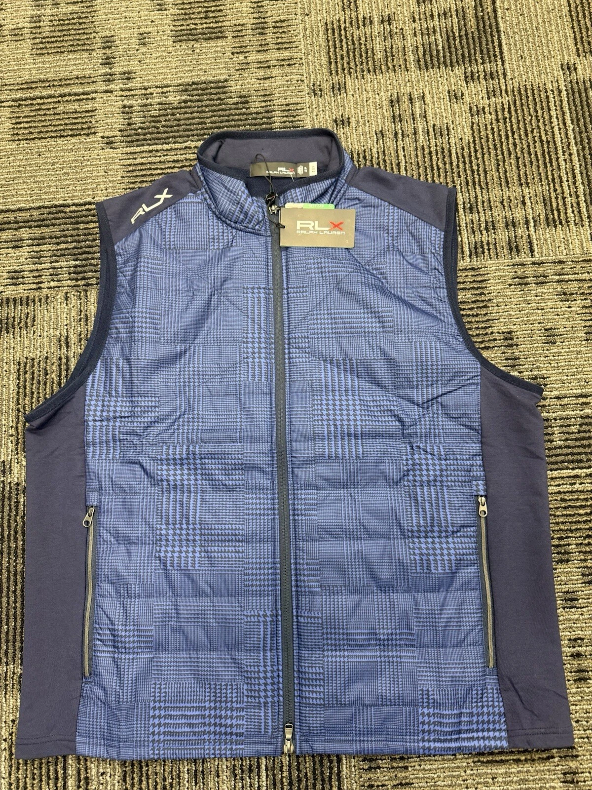 RLX Golf Gilet Tech Terry Vest Liberty Plaid Performance Stretch Navy Men Sz XL