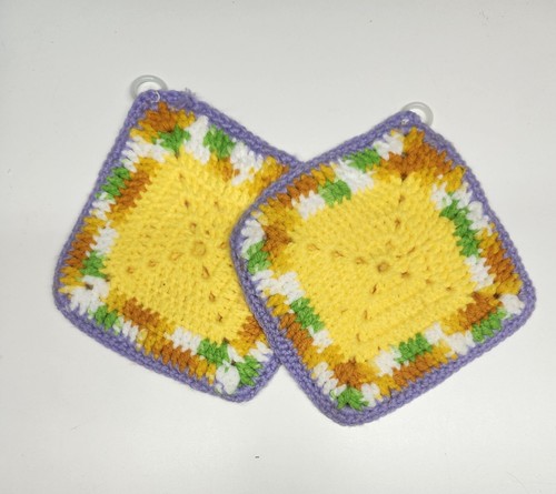 2 -Handmade Crochet Pot Holders Bright Color Kitchen