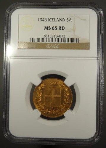Iceland 1946 5 Aurar, NGC MS65 RD, Only 5 graded higher, WG011