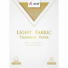 A-SUB Inkjet Printable Heat Transfer Paper for Light Fabrics Iron-On 8.5x11 10pk