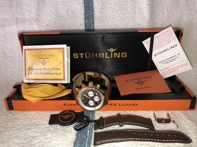 NEW  Stuhrling   Monaco  18K GP 44mm Chronograph  Watch Genuine Alligator Strap