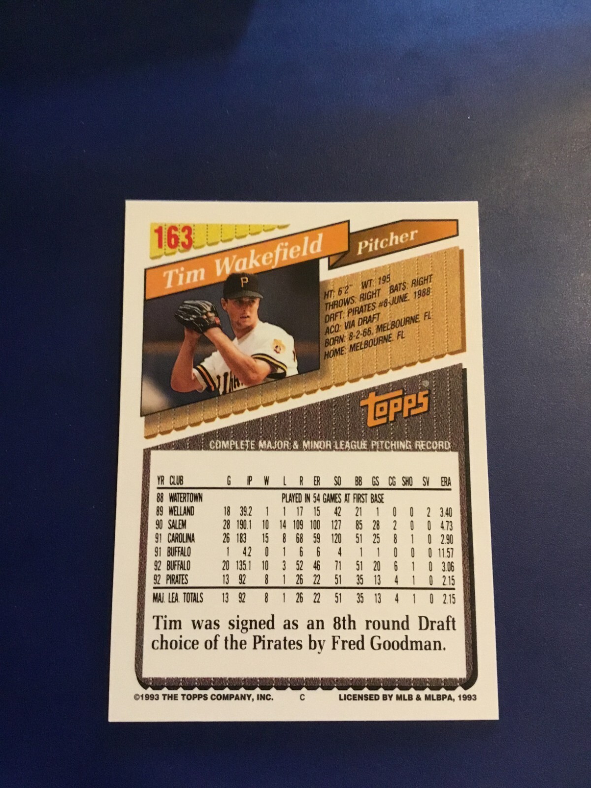 1993 Topps #163 TIM WAKEFIELD ROOKIE Pittsburgh Pirates Boston Red Sox ...