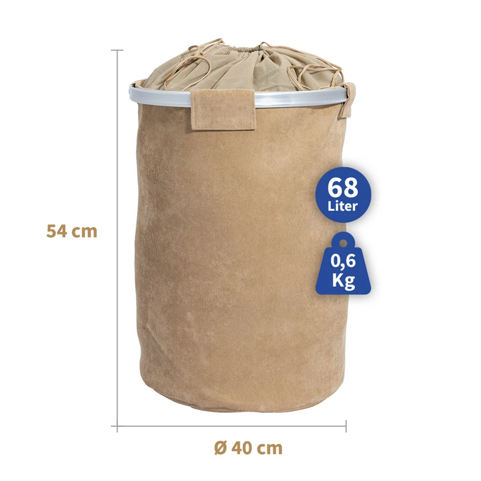 Wäschesammler Wäschekorb Wäschesack Beige Wäsche Box Rund Stoff Cord 68 Liter - Bild 4 von 4