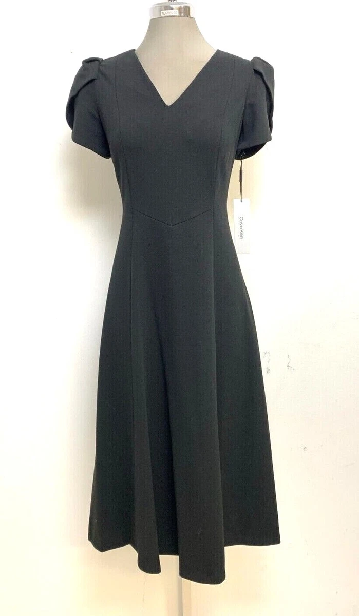 NEW Calvin Klein Awesome BLACK Tulip Sleeve Fit & Flare Midi Dress
